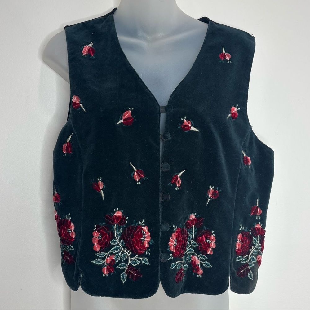 Vintage 90's 100% Cotton Black Velvet Vest Embroidered Red Roses Bohemian Goth L